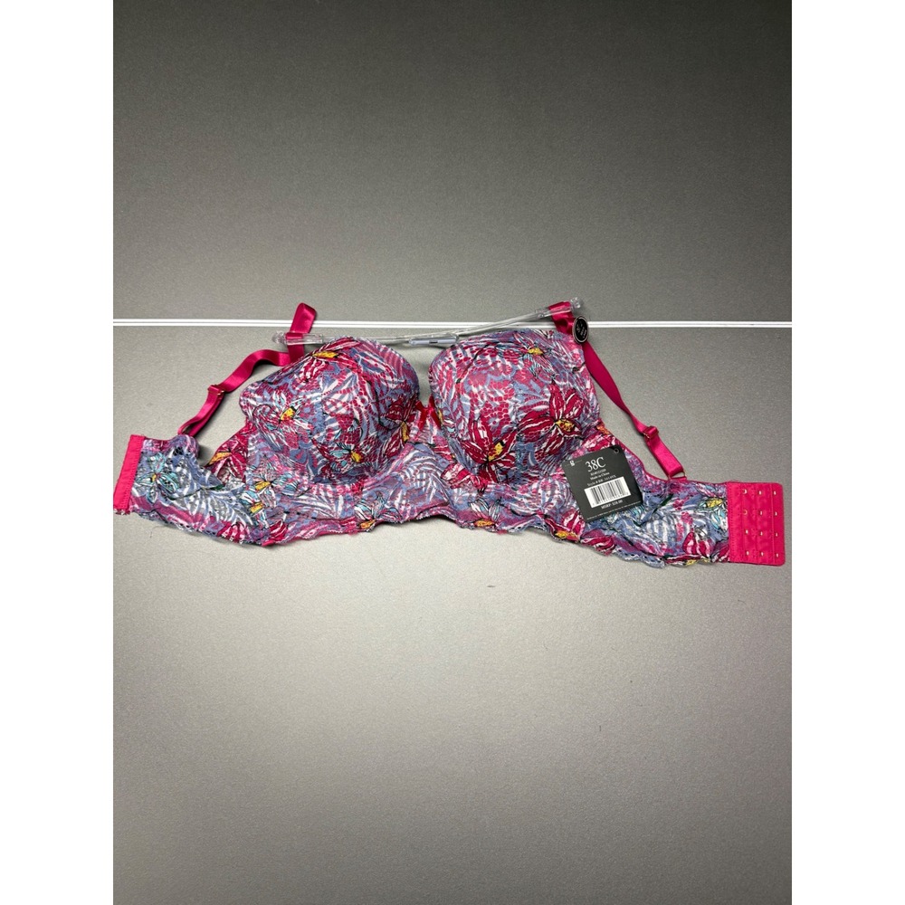 Gina Group Floral Lace Longline Bra 38C Pink Blue Padded Underwire BR-34149X